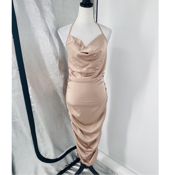 Nude Satin Sleeveless Halter Neck Cowl Neck Backless Ruched Bodycon Midi Dress - Picture 16 of 17